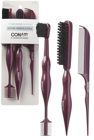 Conair Slick Back Tail Comb Set, 3-Pack with Fine Tooth Tail Comb, Edge Brush, and Smoothing Brush for Teasing, Parting, and Smoothing Sleek Hair Styles, Control Hair Flyaways