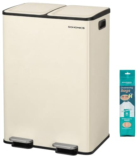 SONGMICS 2 x 30 L Dual-Compartment Pedal Rubbish Bin, Steel | 60L Kitchen Bin, Soft-Close Lid, Inner Buckets, Includes 15 Liner Bags, Cappuccino, PARY Collection LTB741AZ02