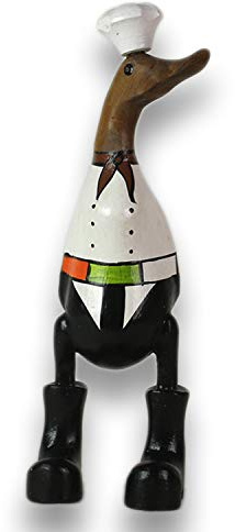 ART-CRAFT Figura decorativa de madera de pato con raíz de bambú y madera de teca, pintada a mano, disfrazada de cocinero, 25 cm de alto