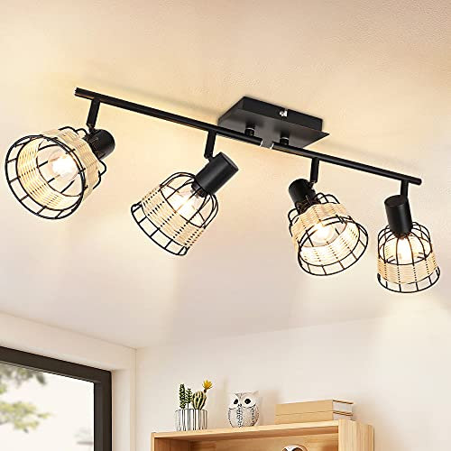 Depuley Deckenstrahler 4 Flammig Schwarz, Strahler Deckenleuchte Rattan Drehbar, Deckenlampe Spot Vintage mit Landhausstil E14 Lampe, Bambus Deckenspot Schwenkbar für Wohnzimmer Küche Bar