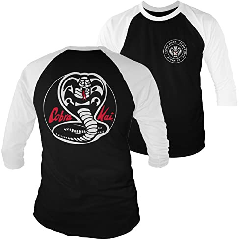 Cobra Kai Officiellement sous Licence Blanc Patches Baseball 3/4 Manches T-Shirt (Blanc-Noir), Medium