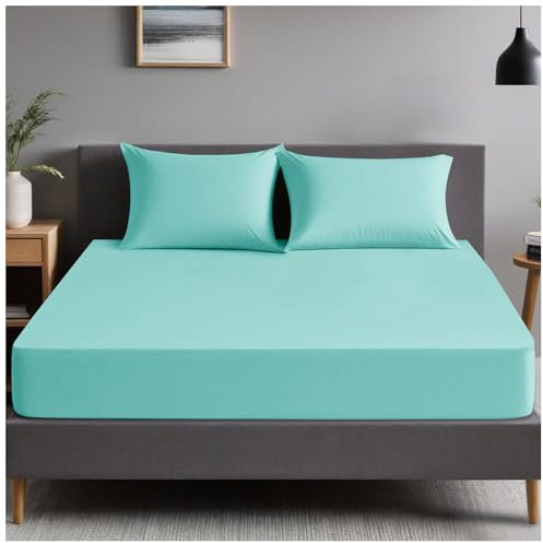 GC GAVENO CAVAILIA | Plain Dyed Bedding Fitted Bedsheets - Soft & Comfy (137 x 193 Cm) Double Bed Sheet - Breathable Non Iron Percale Sheets - Aqua | Double