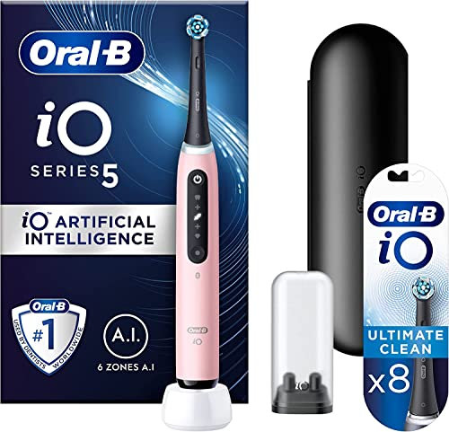 Oral-B iO5 Electric Toothbrush With Artificial Intelligence, Gifts For Women / Men, 1 Toothbrush Head & Travel Case, 5 Modes, Teeth Whitening, UK 2 Pin Plug, Pink + 8 Ultimate Clean Toothbrush Heads