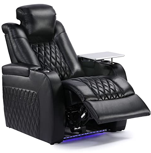 Weilianda Home Theater Seating Top Grain Leather Zero Gravity Recliner Chair Power Headrest Recline Movie Seat Gaming 7 Colors Mood Light Sofa with Tray Table USB Charge Row of 1 Black