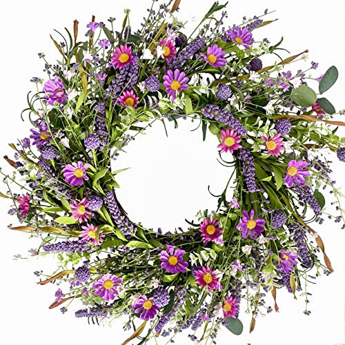 Bibelot 55,9 cm Frühlingskranz, violetter Blumenkranz, täglicher künstlicher Wildblumenkranz für Haustür, Frühling, Sommer, Wildblume, grüne Blätter, Kranz für drinnen und draußen