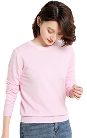 Pull pour femme col rond en cachemire uni pull slim bas manches longues décontracté basique, rose clair, S