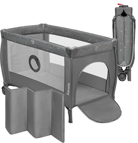 LIONELO Lettino da Viaggio STEFI PLUS Pieghevole, con materasso, 2 Liveli, Lettino da campeggio per bambini 0-3 anni 129 x 71 x 77cm Lettino neonato con Pareti in rete Entrata laterale Route e Borsa