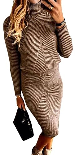 ORANDESIGNE Abito a Collo Alto Donna Set 2 Pezzi Invernali Maglione e Gonna in Maglia Elegante Cocktail Sera Vestito A Marrone L
