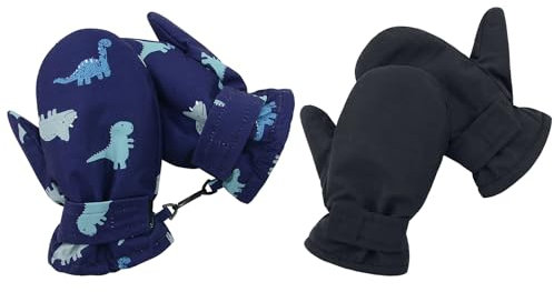 Skihandschuhe Kinder 2 Paare Fahrradhandschuhe Kinder Winterhandschuhe Fahrrad Winterhandschuhe Kinder Handschuhe Wasserdicht Handschuhe Kinder Wasserdicht Schwarzer und Blauer Dinosaurier 2-4 Jahre