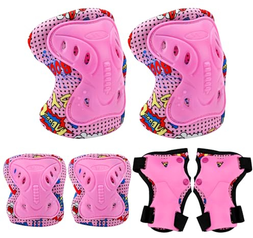 Fadcaer Children 6 in 1 Kids Protective Gear Set, Knee Pads Elbow Pads Wrist Guards for Multi Sports Skateboard Inline Roller Skates Cycling Biking BMX Bicycle (Child-pink)