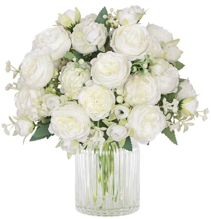 SOMYTING Peonía Flores Artificiales 4 Paquetes Peonías Artificiales Ramo de Flores Blancas Peonías de Seda Ramos de Flores para Bodas Fiestas de Mesa Arreglo Floral Hogar Cocina Decoración