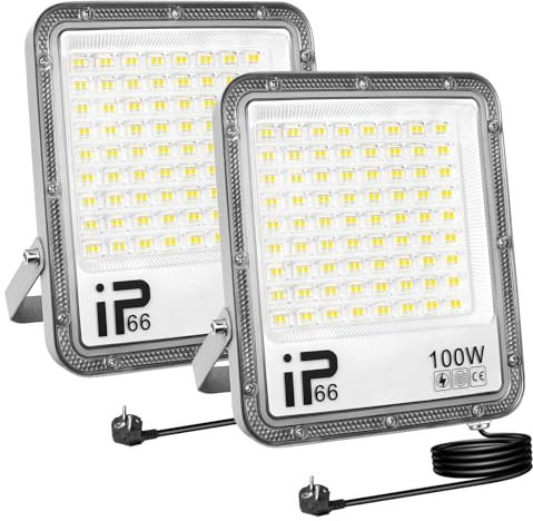 AUXTINGS 2 Pcs 100W Focos LED Exterior con Enchufe, IP66 Impermeable Foco Proyector LED 6000K Blanco Frío Floodlight 10000lm Iluminación de Seguridad para Casa, Garaje, Patio, Terraza, Campo