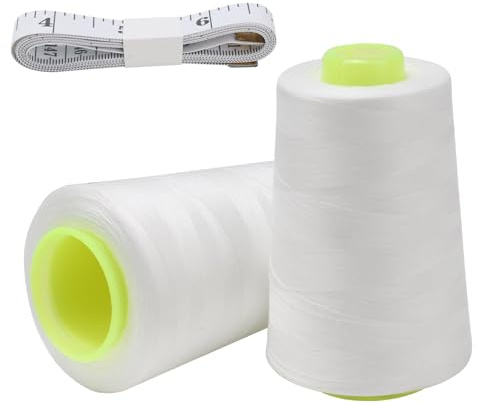 FOGAWA 2 Spools 5000 Yards Sewing Thread Overlocker Thread Overlocking Sewing Machine Polyester Thread 40S/2 White Thread White Sewing Thread Cones with Measuring Tape for Hand and Machine Sewing