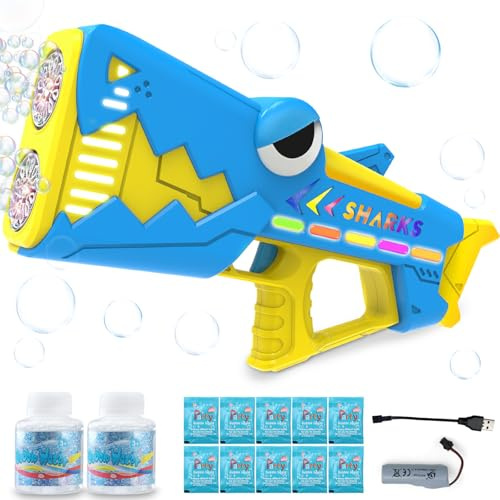 Britik Bubble Gun for Kids Ages 4-8: Shark Light Up Bubble Machine for Toddlers, Rechargeable, 2 Bubble Solution, Outdoor Toy Party Birthday Gift for 3 4 5 6 7 8 Year Old
