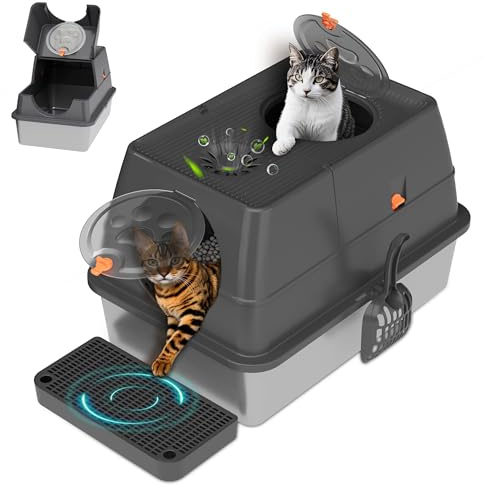 Stainless Steel Litter Box with Lid, XL Extra Large Cat Litter Box Enclosure, Front & Top Entry Covered Metal Cat Box with Steps & Scoop, Easy Cleaning