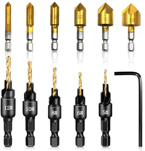 12 PCS Countersink Drill Bit Set, Counter Sink Drill Bits For Wood Countersink Bits Quick With L-Wrench for Woodworking (Black+Gold)