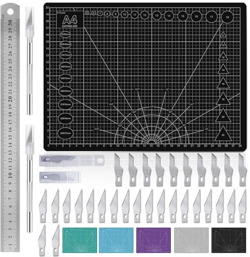 Miuzei Schneidematte Set A4 mit 30stk Bastelmesser und Stahllineal,Selbstheilende Bastelunterlage Schneideunterlage Cutting Mat Basteln Zeichenunterlage Bastelskalpell Bastelmatte (Schwarz)