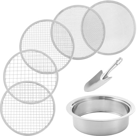Tamiz de tierra para jardinería, tamiz de acero inoxidable, tamiz de malla multipantalla con 5 tamaños intercambiables, bandeja de filtro duradera de 8 pulgadas con pala de metal para separación de