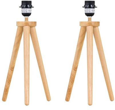 firstchoicelighting Set of 2 Wooden Tripod Table Lamps or Bedside Light Bases Only, Natural Light Oak, Height 38cm, LED Compatible