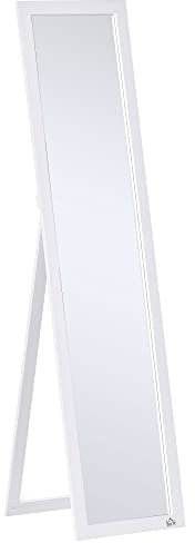 HOMCOM Specchio da Terra con Supporto Richiudibile, 37x154 cm Specchio Verticale con Cornice, Fori Per Montaggio a Parete e Pellicola Anti Esplosione, per Camera da Letto, Soggiorno, Ingresso, Bianco