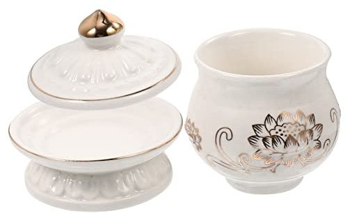 UKCOCO Tazza D’acqua Per Offerte Sacre in Ceramica Rilievo Fiore Di Loto, Coppa Buddha Per Tempio e Meditazione, Decorazione Rituale Bianca Dal Design Classico