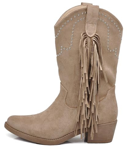 IF Texani Cowboy Western Scarpe da Donna Stivali Stivaletti Frange Borchie Camperos Etnici KL995 Khaki N.38