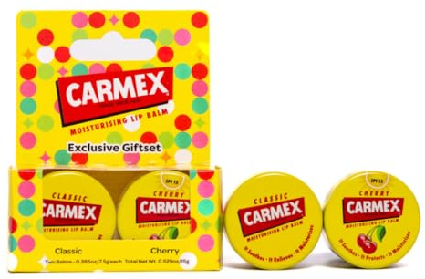 Carmex Lip Balm Pot Set – Pack of 2 (Classic & Cherry) | Packed With SPF 15 For Sun Protection | Clinically Proven Formula | Visible Results After 1 Use | 24H Moisturising | Gifting Essential