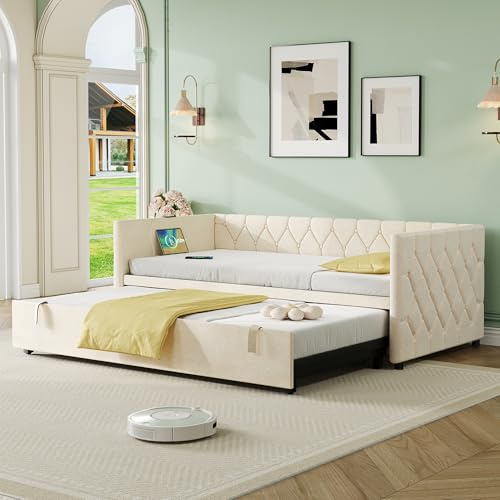 Gxffipw 3ft Upholstered Daybed Single Bed with Pull Out Bed 91x191 cm and USB Type C, Sofa Beds 90x190 cm with Charging Station for Living Room and Bedroom, Linen, Beige, No Mattress