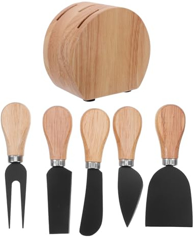Alipis Juego de cuchillos para queso de acero inoxidable (1 unidad): incluye cuchillo, cortador, rebanador y tenedor con mango de madera y bloque de almacenamiento. Accesorios para tablas de