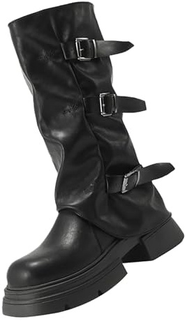 Générique Bottines Femme Plates Cuir Bottes Plateforme Mi-Mollet pour Femme Bout Rond Bottine avec Sangle De Boucle Botte Slouchy Boot Couleur Unie Décontracté Chaussure Mollets Fins Bottine