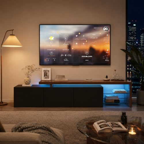 BLSYHDH 200 cm LED-TV-skåp, TV-bänk, Vardagsrumsbänk, Modern TV-bänk i Trä med Tre Förvaringsfack, Soffskåp Inomhus, Vardagsrumsmöbler (Svart)