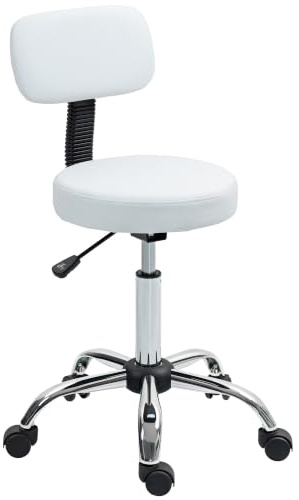 HOMCOM Taburete Giratorio con Ruedas Respaldo Desmontable, Blanco | Taburete de Trabajo, Altura Regulable, Tapizado en Cuero Sintético, para Oficina, Dormitorio