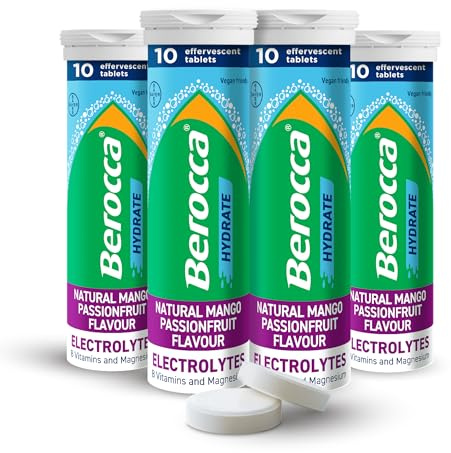 Berocca Hydrate Effervescent Tablets, Mango Passionfruit, 40 Tablets | Berocca Hydrate Electrolyte Tablets, Enhanced Hydration And Energy Support, Vegan, Gluten Free, Caffeine Free