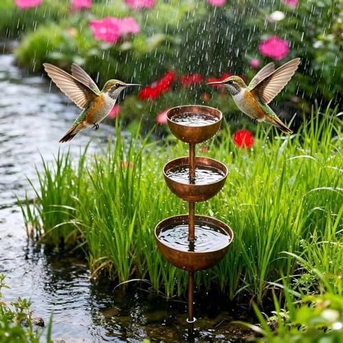 Rustic Metal Garden Bird Bath, 3-Tier Rain Catcher Cascading Fountain, Weathered Iron Finish Outdoor Yard Art Decor, 23.6in (1 Pcs)