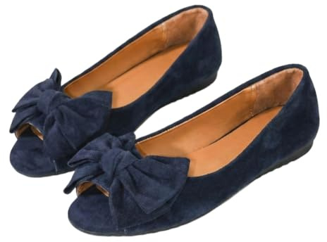 Ballerines plates en daim pour femmes avec nœud à bout ouvert, bleu marine, 36 EU | Chaussures orthopédiques compensées - Coupe large - Antidérapantes - Respirantes - Pour la marche, le bureau, les vacances