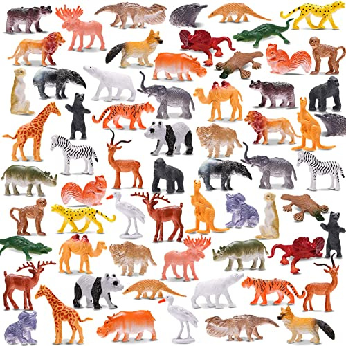 64 Pack Mini Plastic Jungle Animal Figures for Kids, Wild Animal Figurines