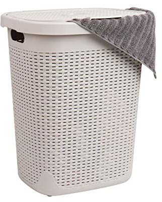 Mind Reader Lid, Wicker Design, Plastic, 17.65 L x 13.75 W x 21 H, Ivory 50 Liter Hamper, Single