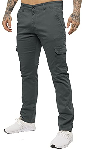 Ze ENZO Jeans Mens Cargo Combat Trousers Chinos Slim Fit Cotton Stretch Work Pants Grey 36R