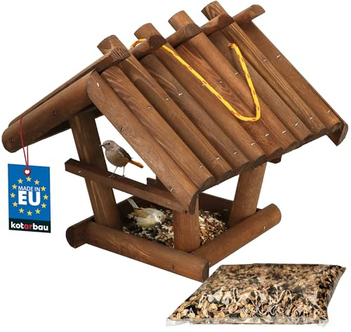 KOTARBAU® Comedero para Pájaros Colgante - Madera Natural - 27x28x26 cm - Color Marrón- Comedero De Madera para Exterior - Comida Pajaros 0.5 kg - Aimentador