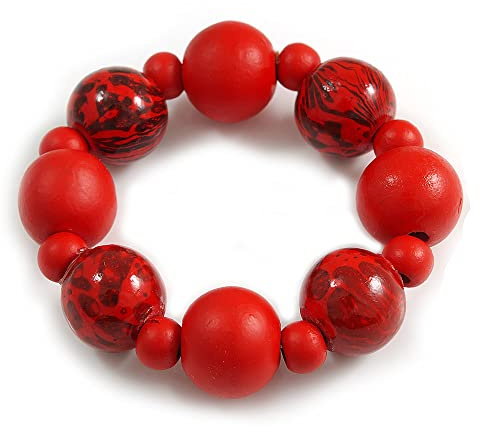 Pulsera flexible con cuentas de madera gruesa con estampado animal en color rojo, talla M, talla única, Brazalete Madera
