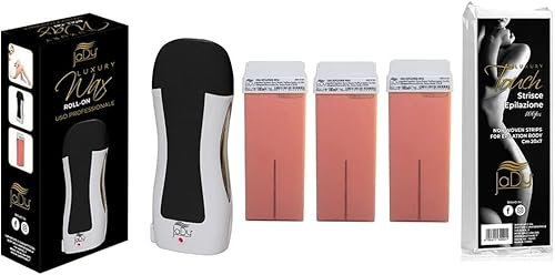 JaDy - Kit Ceretta Rullo Completo | Scaldacera Professionale | 3 Ricariche Cera Titanio Rosa | 100 Strisce Depilatorie | Per Tutti i Tipi di Pelle, Fragranza Cera Titanio Rosa