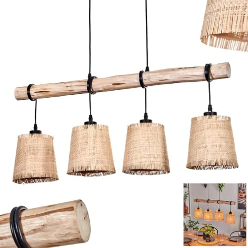 Pendant Light Soungou, Modern Pendant lamp Made of Wood/Metal/Bast in Natural/Black/Beige, 4-Light Pendant lamp in Scandinavian Design, max. Height 180 cm, 4 x E27, Without Bulbs
