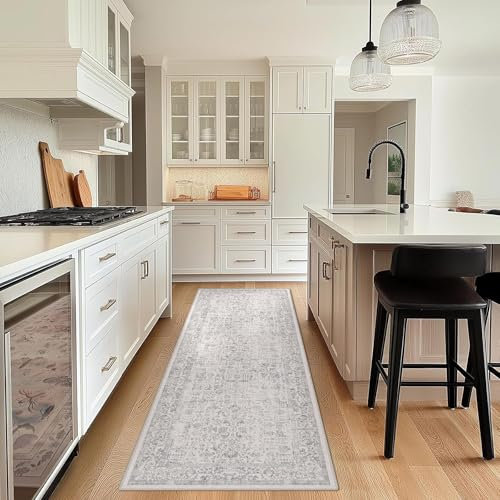 HUGEAR Vintage Grau Waschbarer Teppich 60x180cm LäUfer Flur rutschfest Weich Vorzimmer Tepich Kurzflor Schlafzimmer Retroteppiche KüChe Bedroom Brücken Hallway Carpet