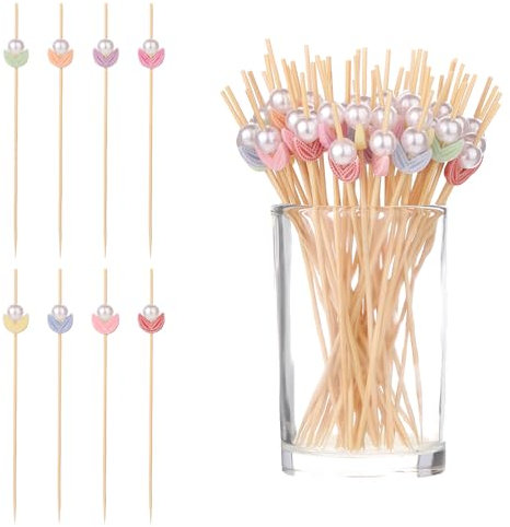 cobee 100 pinchos de cóctel, 12 cm, palillos de madera para comer con dedos, palillos de madera, para aperitivos, cócteles, con bonita decoración, buenos para brochetas de frutas, decoración de