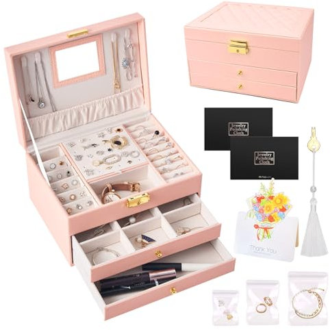 UCAMP Portagioie a 3 livelli,Scatola Portagioie Donna,Scatola Portagioie con 2 Cassetti, portagioie da donna, portagioie per anelli, orecchini, collane e orologi, con serratura e chiave