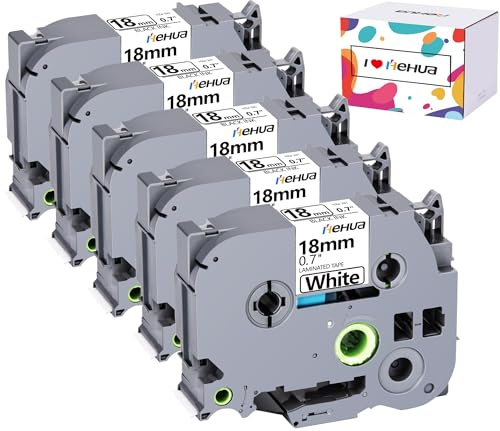 Hehua TZe-241 ersättning för Brother P touch band 18 mm x 8 m Tz241, 5-pack | Laminerad svart på vitt kompatibel med PT-D450 D400 E300VP E500VP P900W P950NW D600VP P750W för märkning av kök kontor