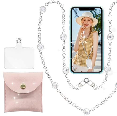 Moguri 1 cadena de perlas plateadas para teléfono móvil, cordón con soporte transparente para teléfono móvil, correa para el cuello para todos los smartphones, incluye bolsa de joyas para mujeres y