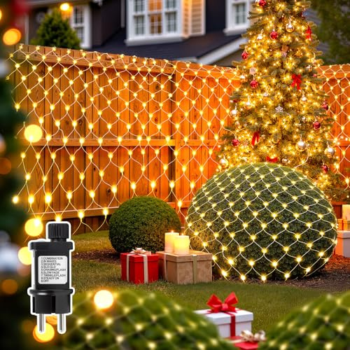 Focxoio LED Lichternetz 3x2M 208LEDs Lichterkette Netz, IP44 Lichternetz Außen mit 8 Modi, Speicher- und Timerfunktion, Lichterkettennetz Innen und Außen für Büsche Garten, Warmweiß