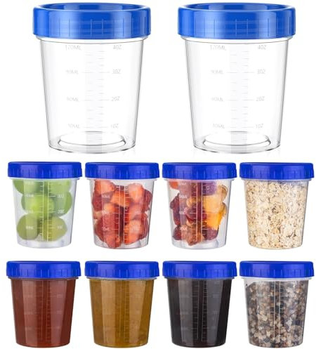 10 Pcs Small Food Containers with Lids, 120ml Liquid Measuring Cups, Snack Pots, Salad Dressing Container to Go, Reusable Leakproof Airtight Kitchen Food Container Set for Snack, Yoghurt and Fridge