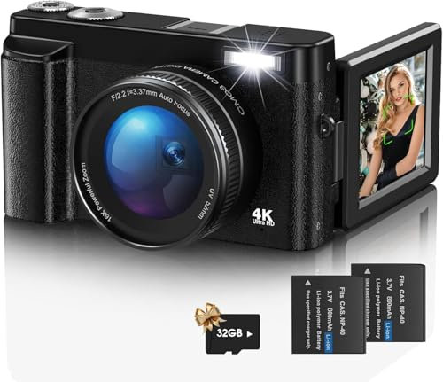 Digitalkamera,4K UHD Fotokamera Autofokus mit 32G Karte, 48MP Vlogging Kamera mit 180° Flip-Bildschirm und UV Linse,Kompaktkamera für Teenager Anfänger Erwachsene